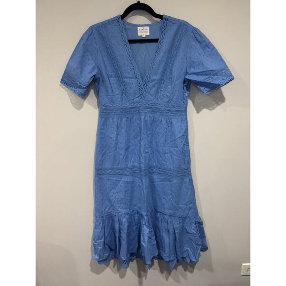 Aspiga Ruby Lace Embroidered Midi Dress Blue S V Neck Organic Cotton Small - Picture 2 of 10